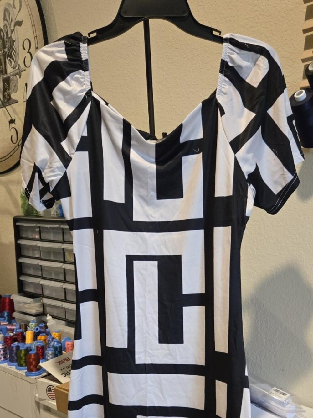 Black & White Geometric Greek Key Print Short Sleeve Bodycon Mini Dress Size L